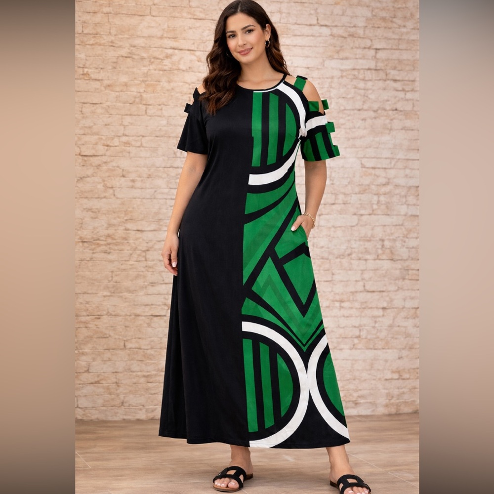 NWT DOSE Stylish Black and Green Cold Shoulder short sleeve maxi Dress size XL
